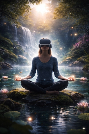 Woman with a VR headset sitting on a rock surrounded by a beautiful waterfall and trees