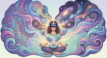 Woman in a VR headset with psychedelic swirls and cosmos all around her