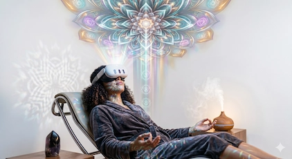 Woman with VR headset lying in chair seeing psychedelic visuals while having hands in a mudra. Essential oil diffuser nearby