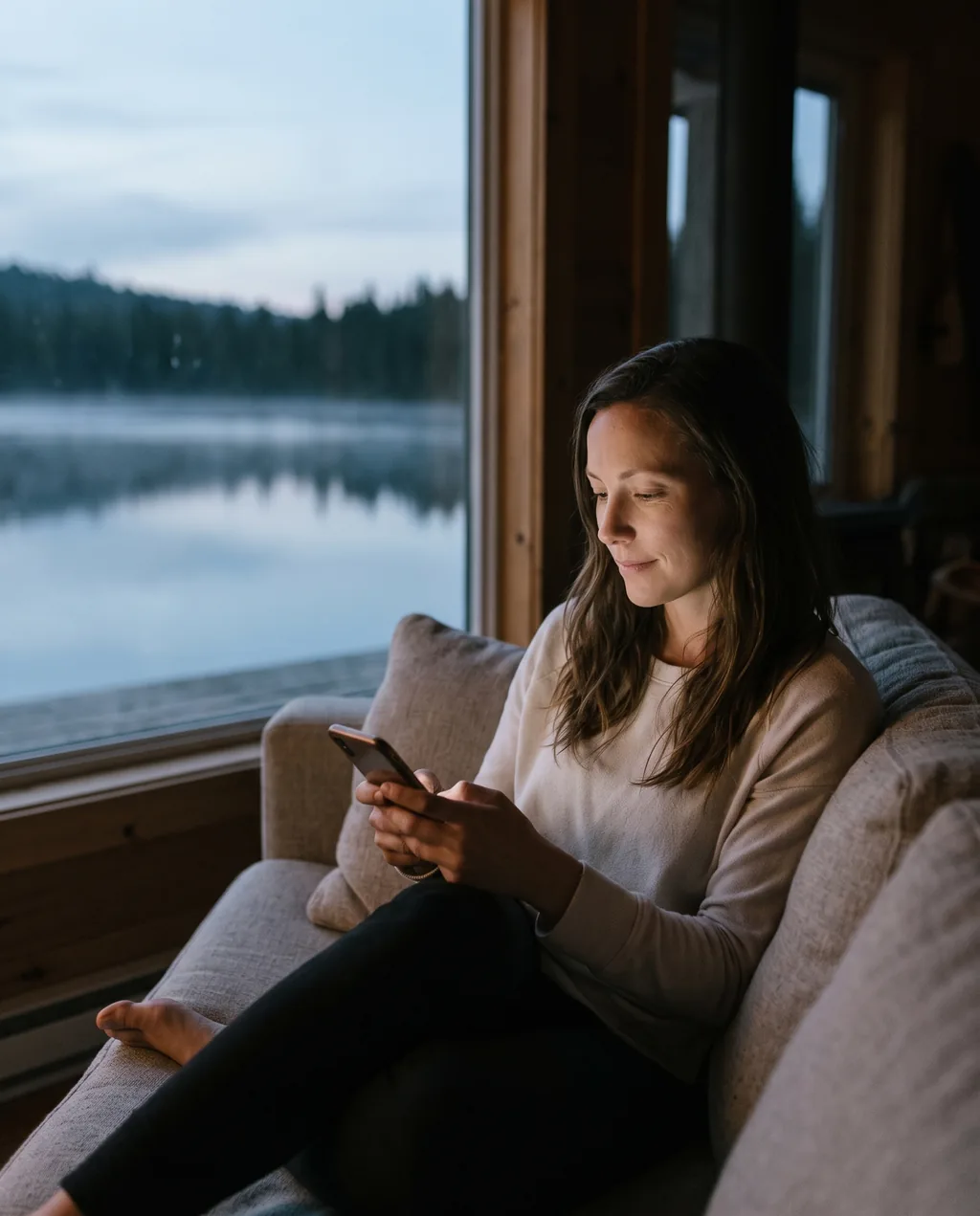 Woman absorbed in her smartphone on a sofa while a misty lake view goes unnoticed through the window