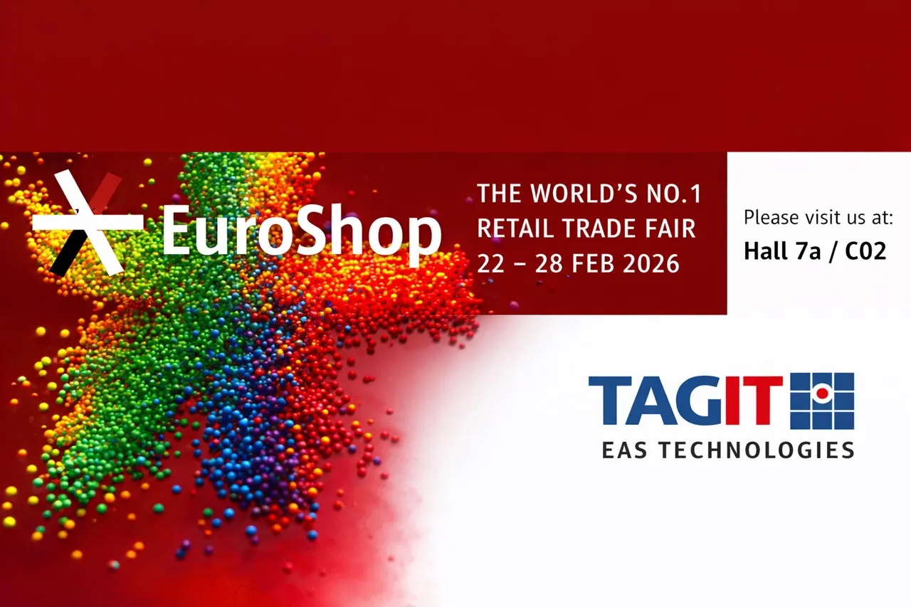 EuroShop logo with colorful particles and text advertising the retail trade fair from 22 to 28 February 2026, featuring TAGIT EAS Technologies booth at Hall 7a / C02.
