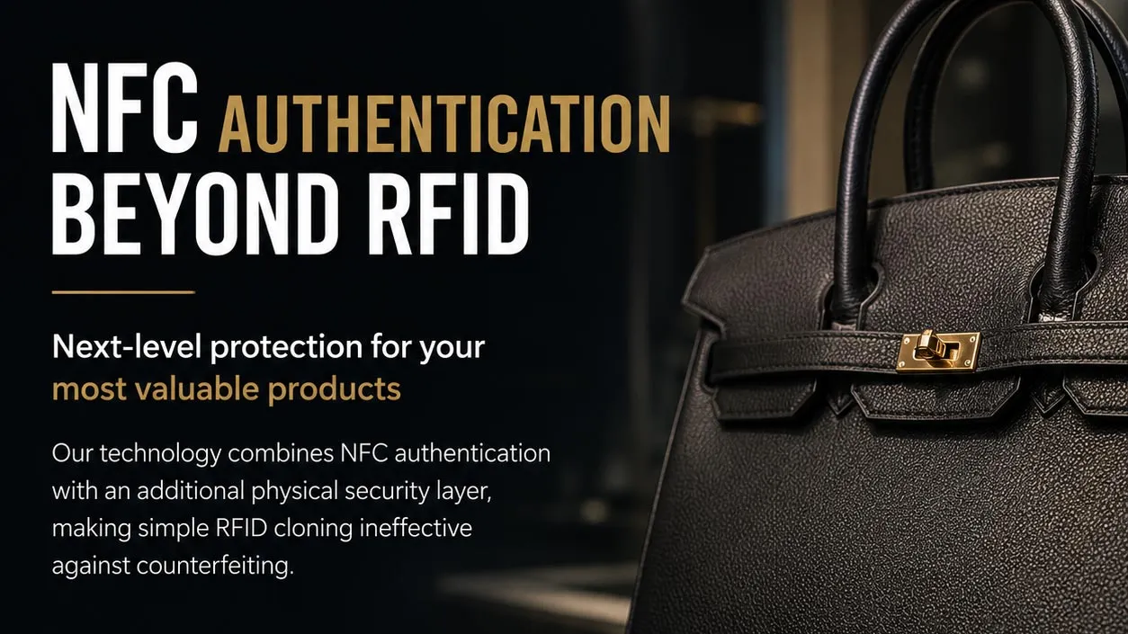 Black leather handbag with gold clasp beside text about NFC authentication for protecting luxury goods.