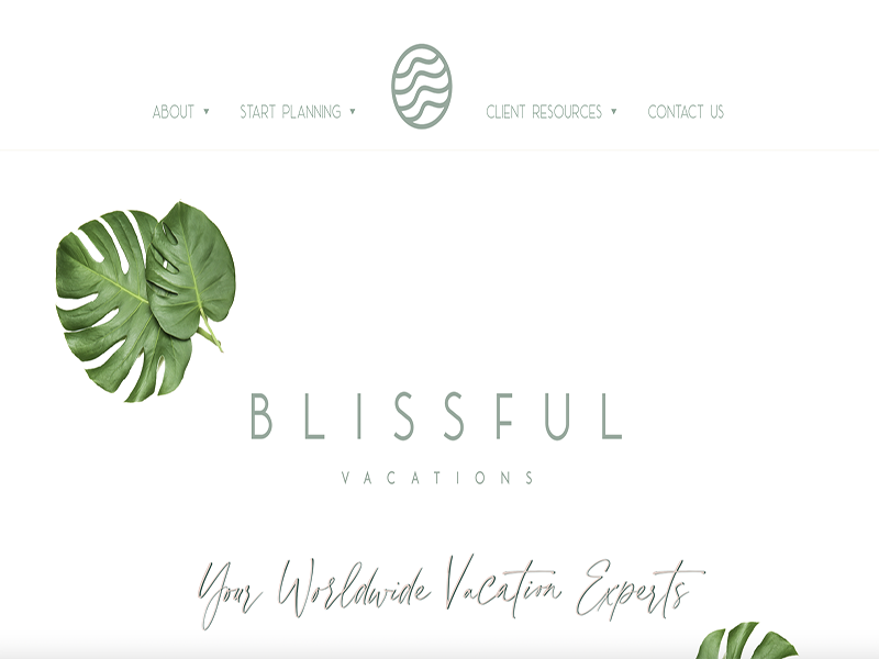 Blissful Vacations homepage, a WordPress site for a boutique travel planner