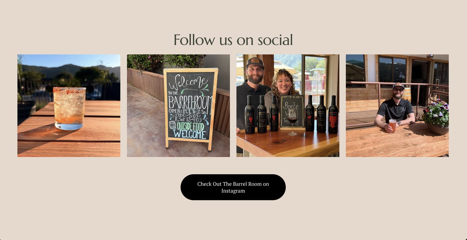 The Follow Us on Social section with four Instagram photos and a button to the pub’s Instagram