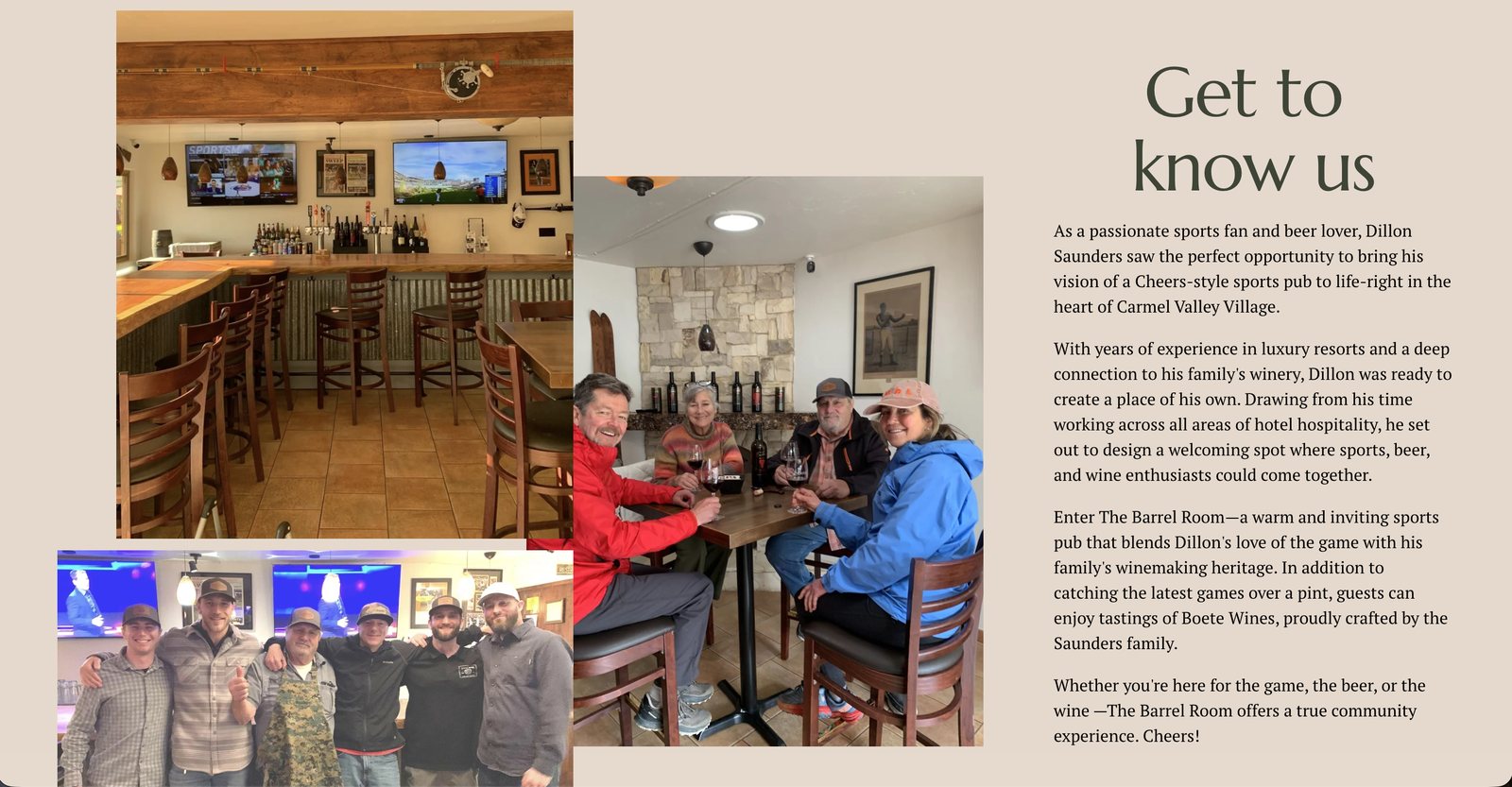 The Get to Know Us section with photos of the bar, the owners and guests