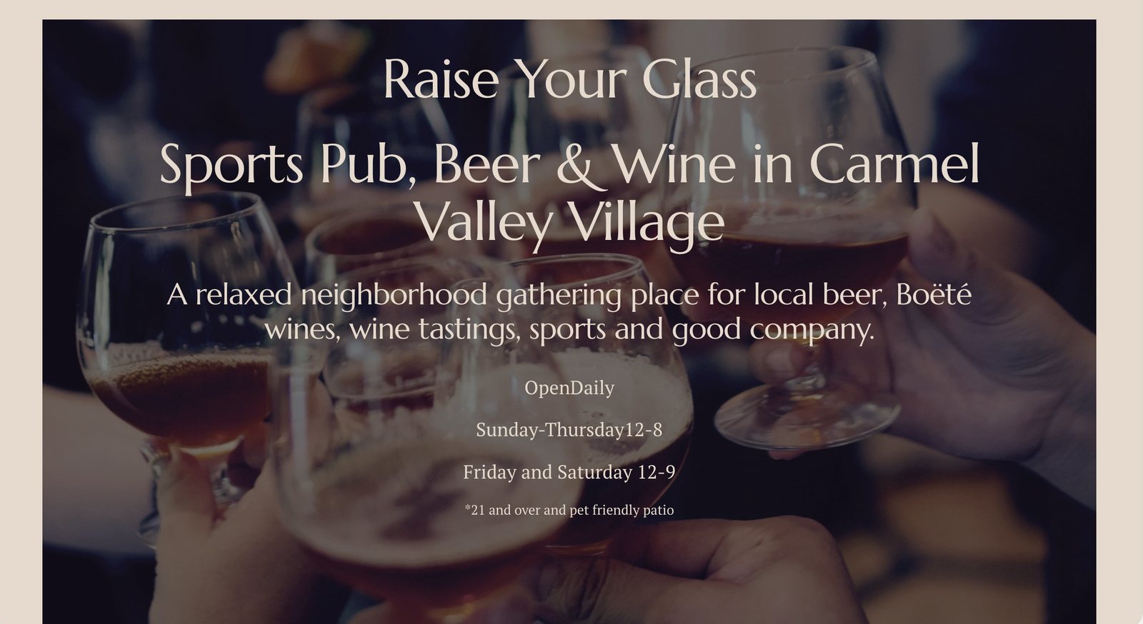 The Raise Your Glass section introducing the sports pub, beer and wine, with daily hours over a photo of friends toasting