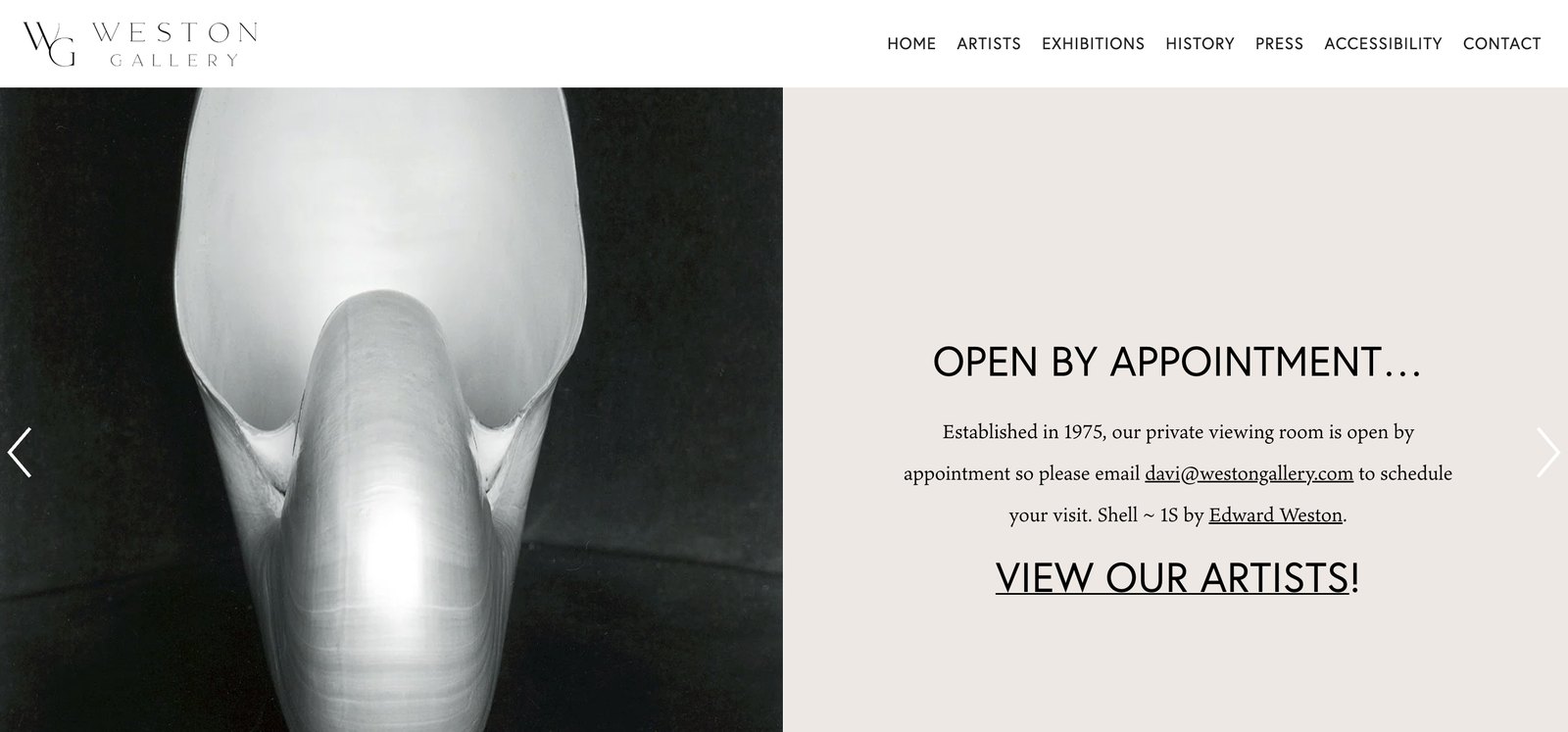 The Weston Gallery website homepage, with the WG logo at the top and an Edward Weston shell photograph beside the Open by Appointment message