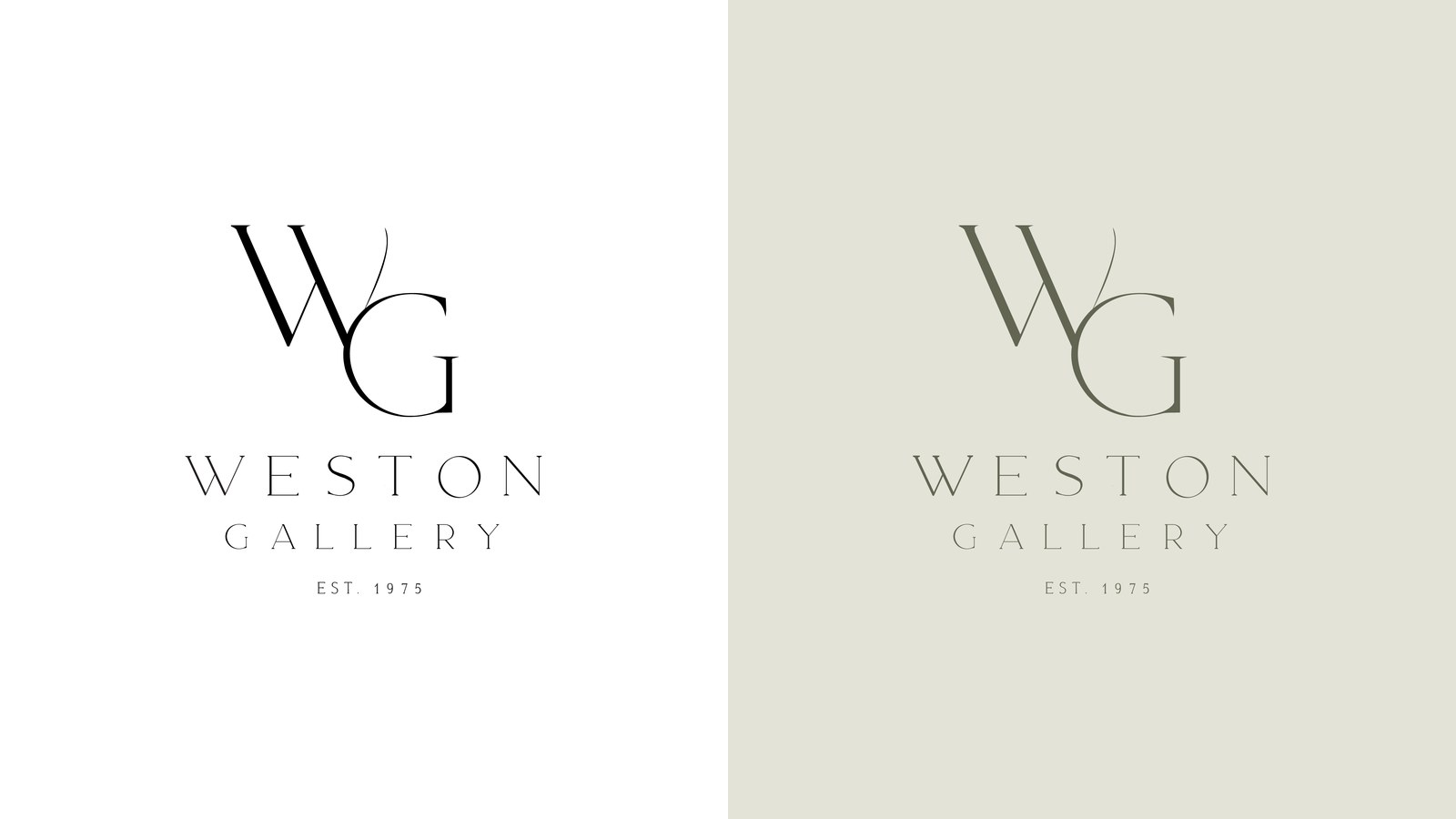 The stacked Weston Gallery logo with the WG monogram and Est. 1975, shown in black on white and in olive on a sage background