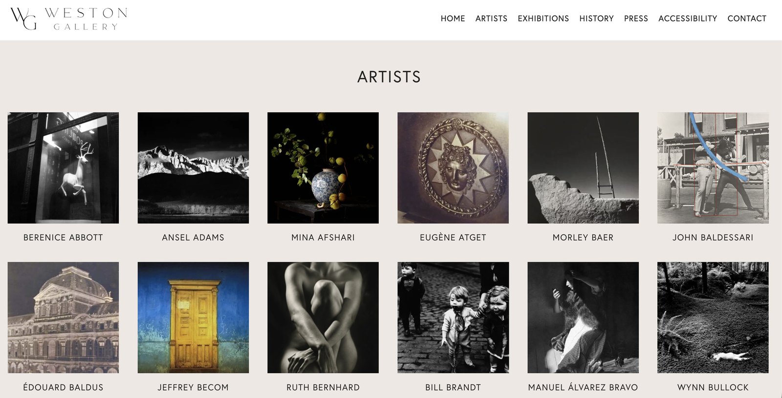 The Weston Gallery artists page, a grid of photographs by Berenice Abbott, Ansel Adams and other artists