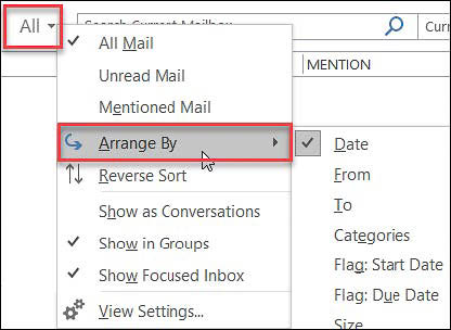 Sorting outlook Unread, Mentioned 