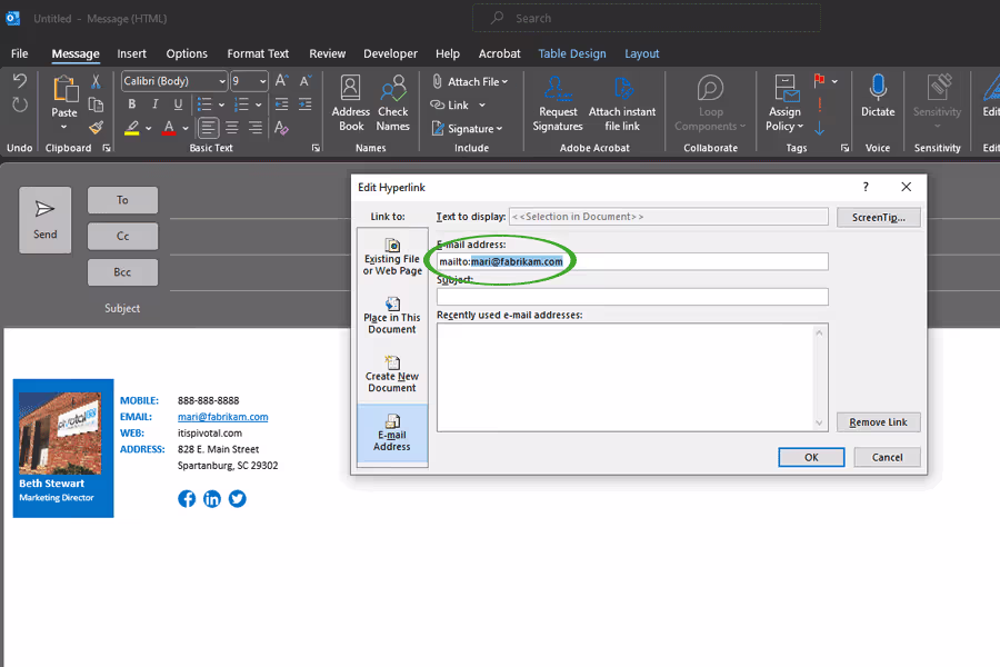 Microsoft outlook change mailto link