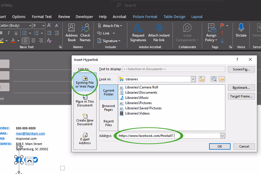 Microsoft Outlook Link to dialog box