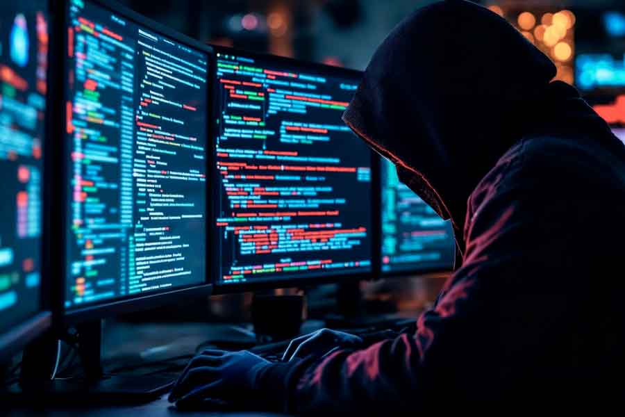 Hacker in a hoodie working on multiple screens