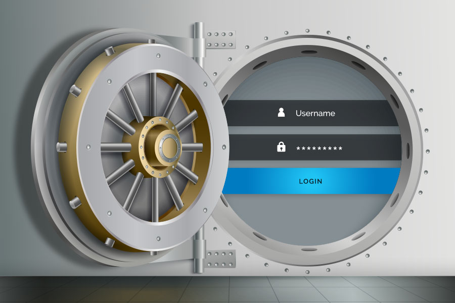 A large silver vault with an open door and username password login block