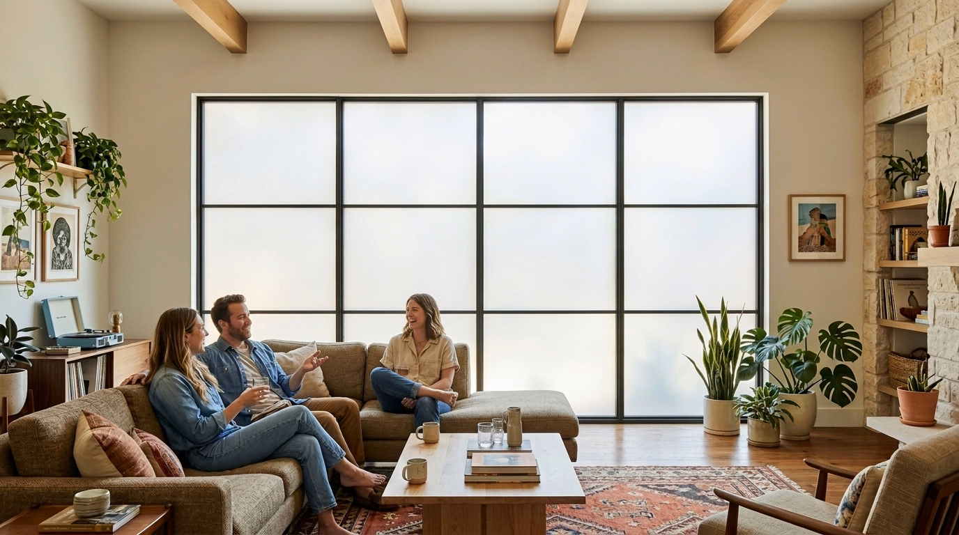 Austin home with Smart Glass switched OFF for frosted privacy