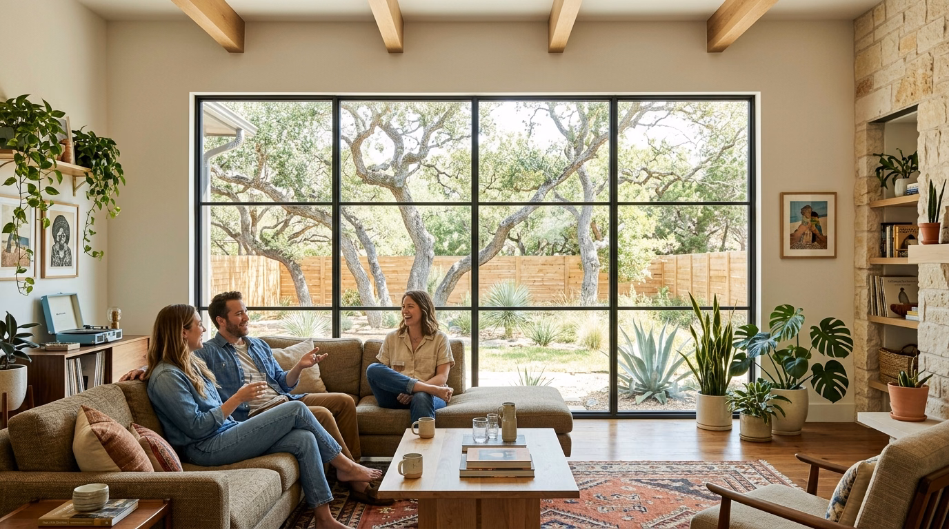 Austin home with Smart Glass switched ON for a clear garden view