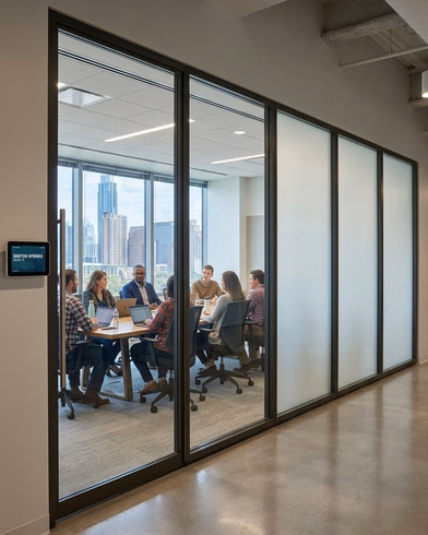 Austin conference room with clear and frosted Smart Glass partitions