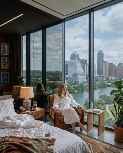 Austin bedroom with floor-to-ceiling glass overlooking the skyline and lake