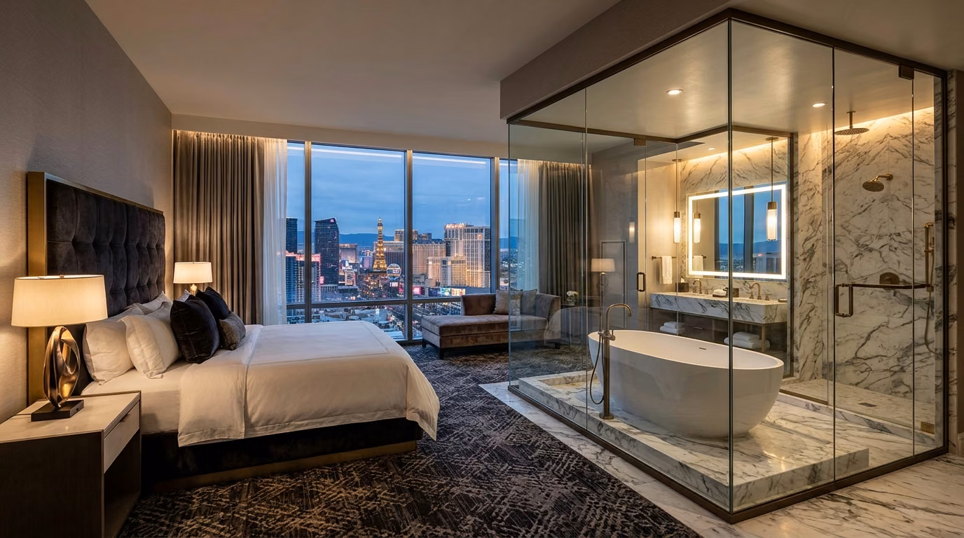 Hotel bathroom Smart Glass enclosure switched ON with clear glass
