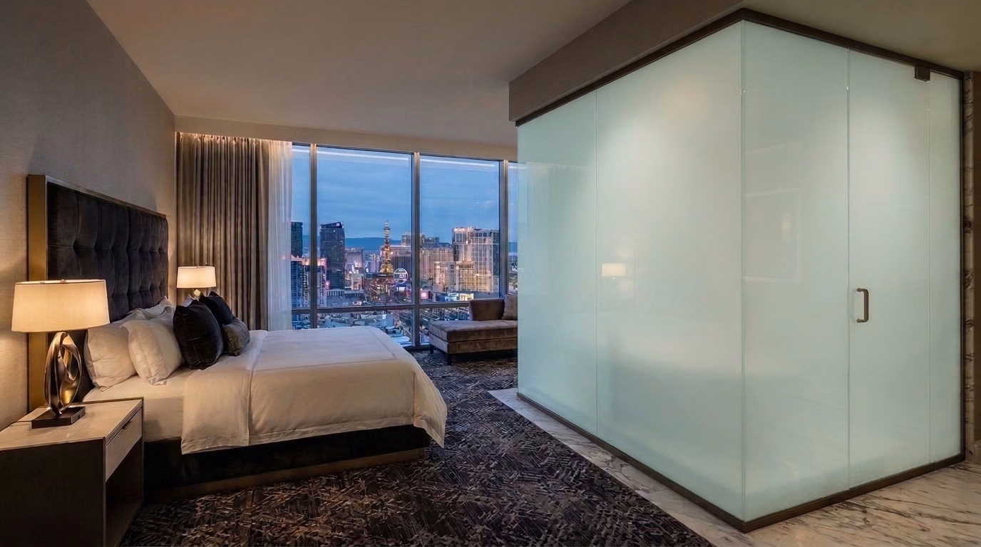 Hotel bathroom Smart Glass enclosure switched OFF with opaque privacy glass