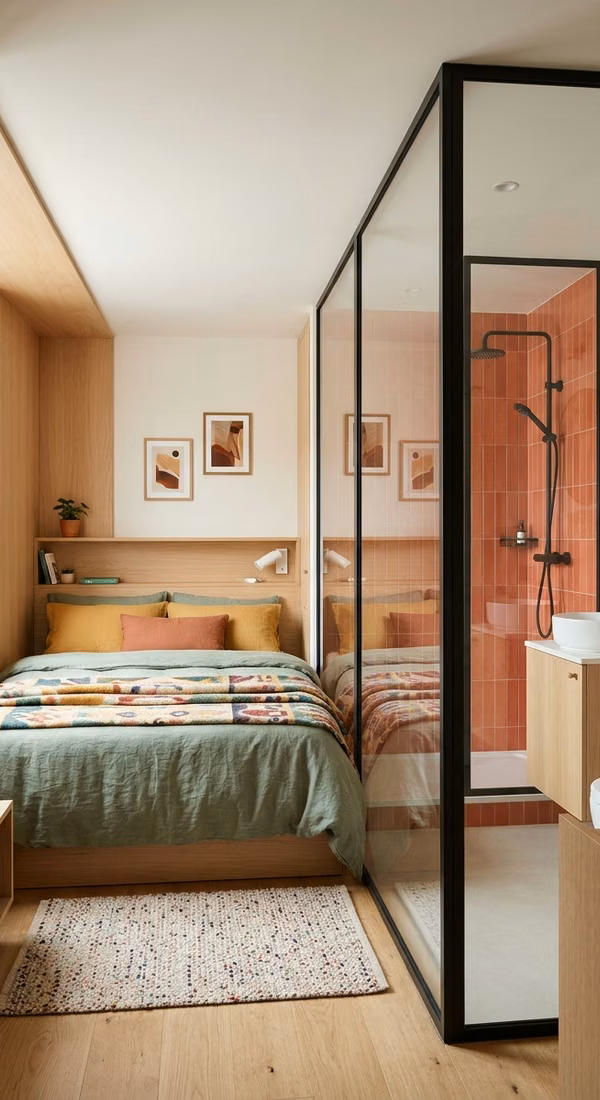 Compact hotel room with clear Smart Film switched ON