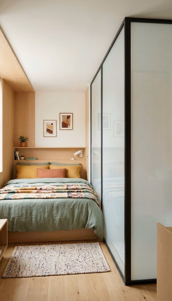 Compact hotel room with frosted Smart Film switched OFF