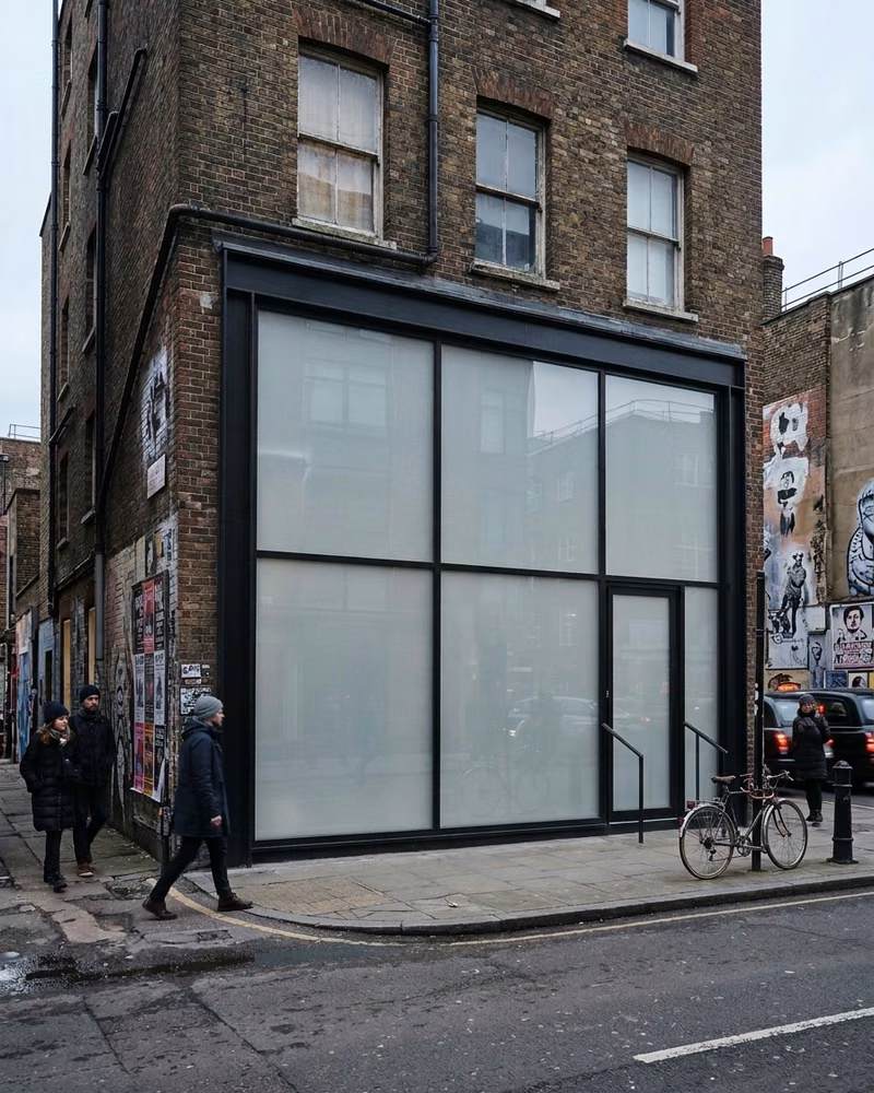 Retail storefront with frosted switchable film switched OFF