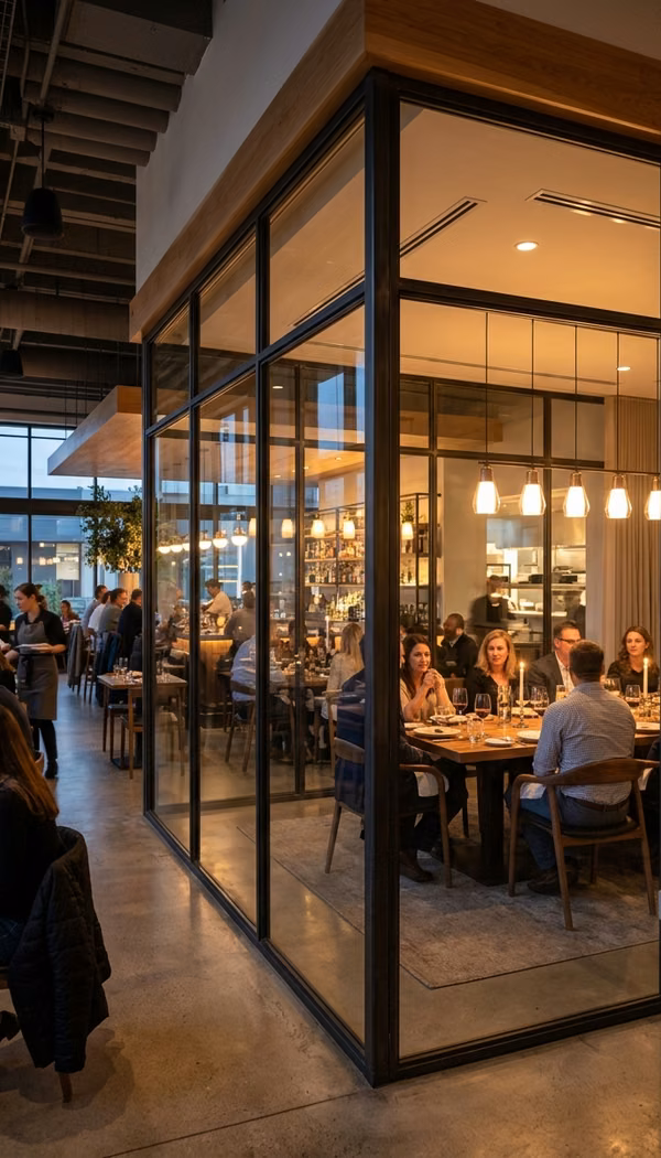 Private restaurant dining room with clear Smart Glass switched ON