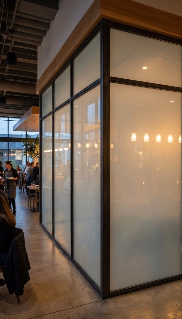 Private restaurant dining room with opaque Smart Glass switched OFF