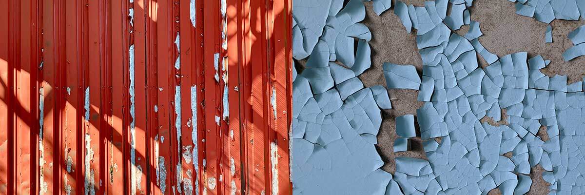 Photo of two different painted structures, each experiencing adhesion failure in the form of delamination.