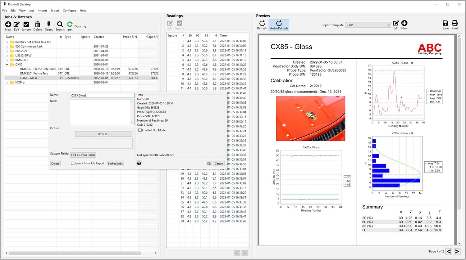 PosiTector GLS 측정 데이터를 사용한 PosiSoft 데스크톱 화면 캡처