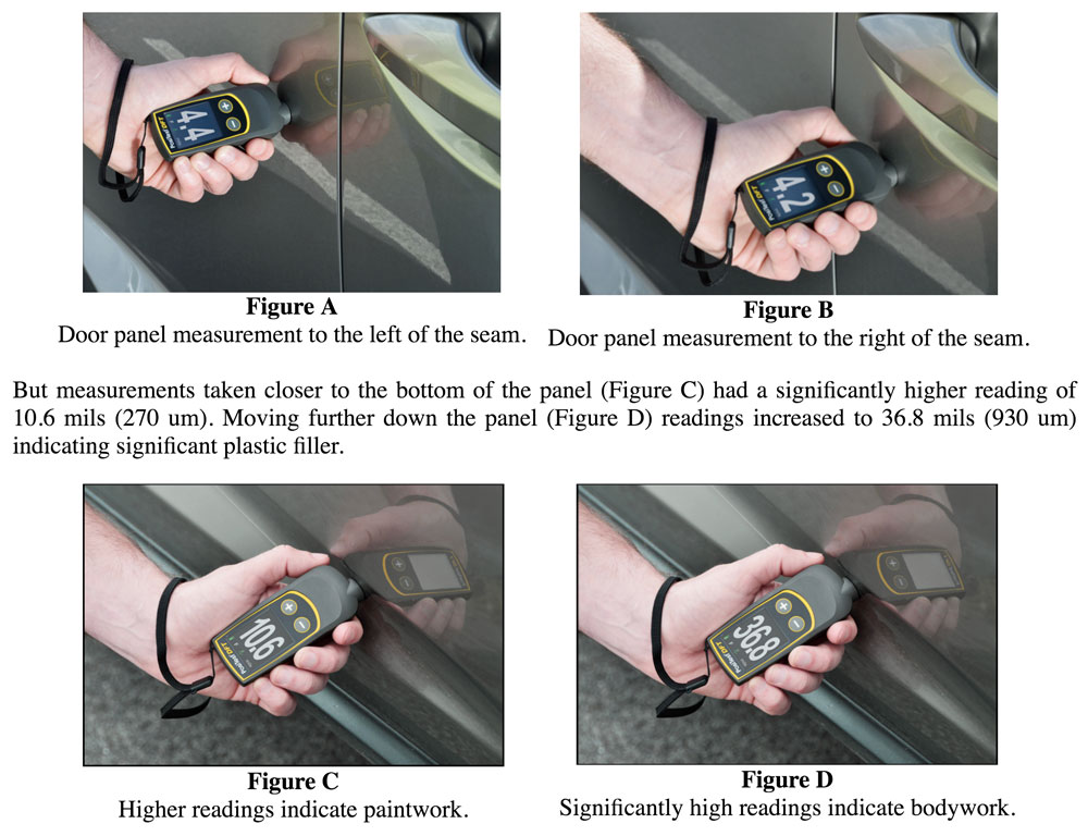 比较测量汽车不同部位的油漆厚度以检测车身返工的照片和数字