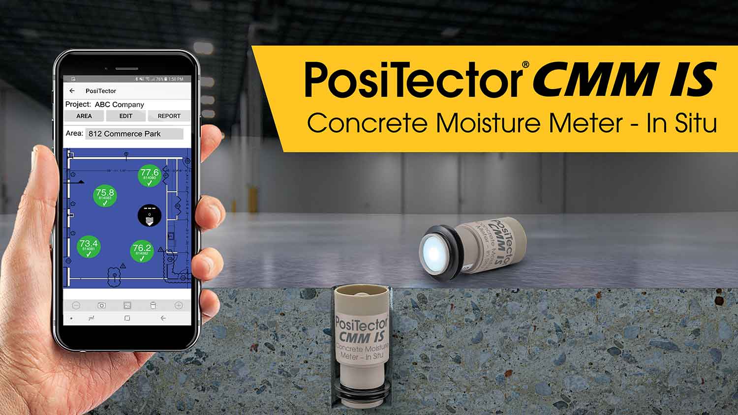 Image of the PosiTector CMM IS depicting in situ measurement with a smart phone