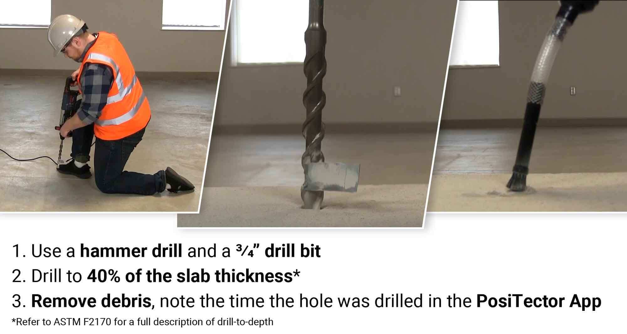 Photo collage depicts the process of drilling a probe hole in accordance with ASTM F2170.