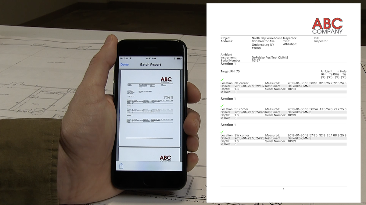Image shows the PosiTector App on a smart device as well as a sample ASTM F2170 compliant report