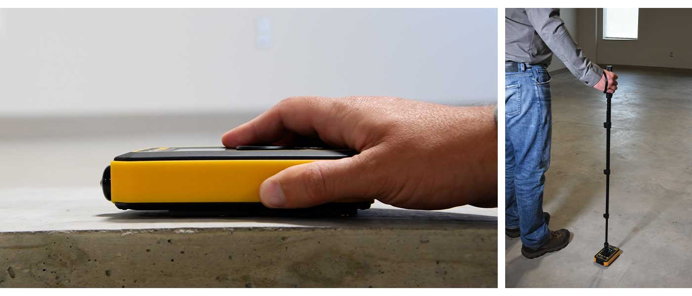 Imagem do PosiTest CMM com e sem o acessório extensor telescópico fazendo medições em concreto