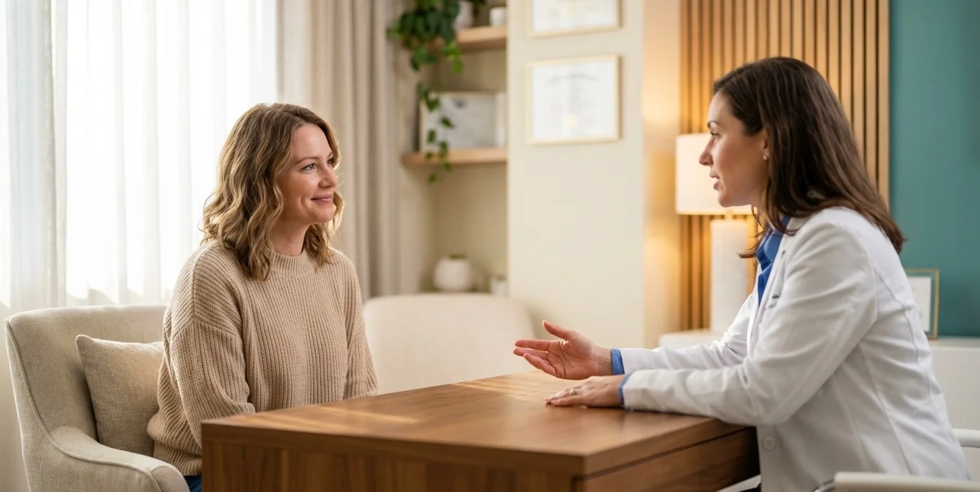 Eine Frau im vertrauensvollen Beratungsgespräch für eine sichere Brustvergrößerung in einer modernen Klinik.