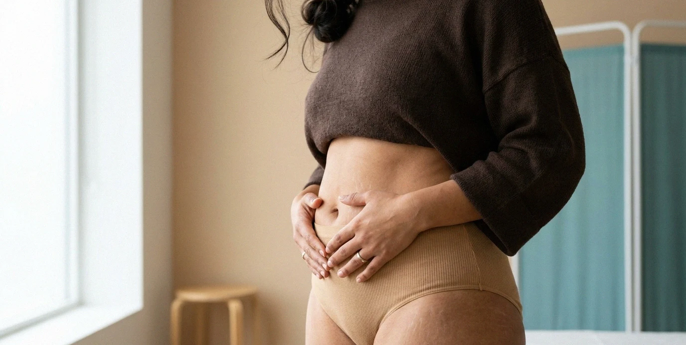 Eine Frau berührt sanft ihren Bauch in einem hellen Studio – Beratung zur Bauchstraffung.