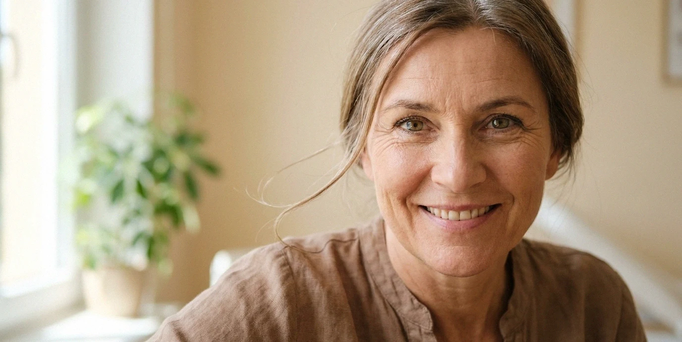 Eine selbstbewusste Frau mit strahlendem, wachem Blick nach einer natürlichen Oberlidstraffung in einer hellen, modernen Klinik.