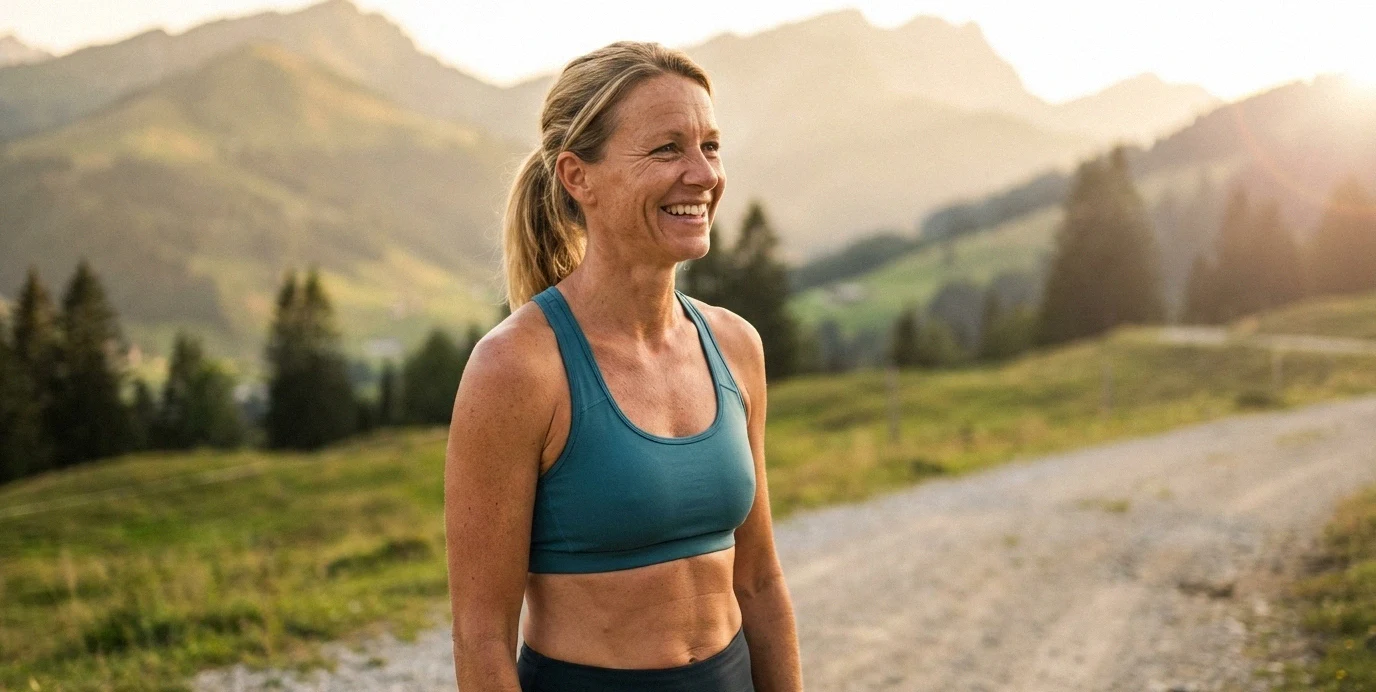 Eine sportliche Frau im Spätsommer im Freien nach einer Brustvergrößerung, die ihren aktiven Lebensstil genießt.