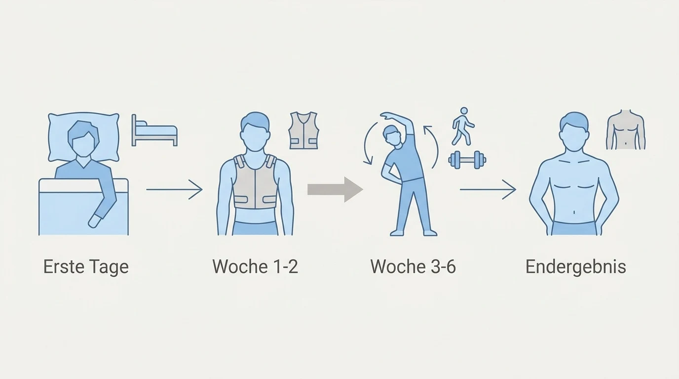 Zeitstrahl des Heilungsprozesses nach einer Brustkorrektur beim Mann mit den verschiedenen Phasen der Regeneration.