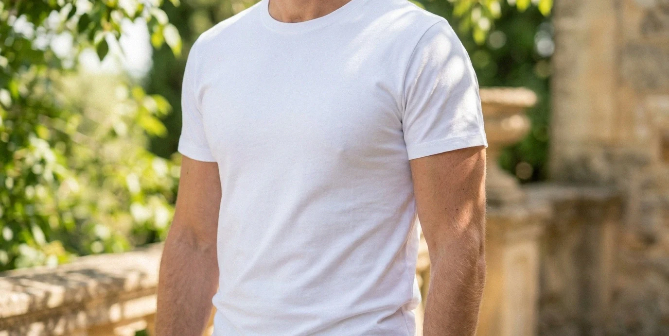 Ein Mann mit flacher, durchtrainierter Brust trägt selbstbewusst ein gut sitzendes T-Shirt im Freien nach einer Gynäkomastie-OP.