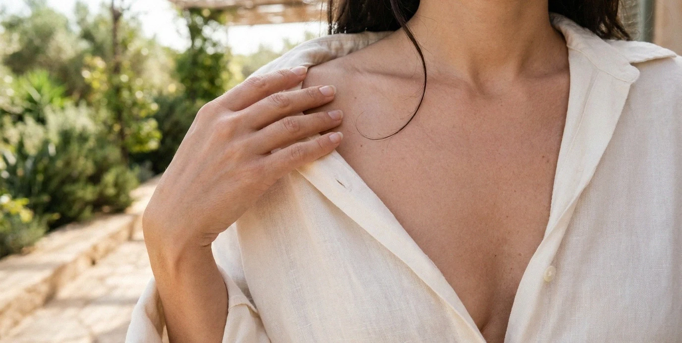 Elegantes Dekolleté nach einer Brustvergrößerung – natürliche Ergebnisse und transparente Beratung in der Klinik.