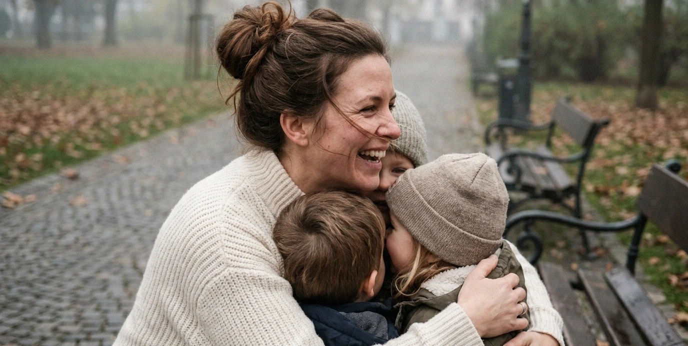 Eine glückliche Mutter im herbstlichen Park mit ihren Kindern – Tipps zur Planung einer Bruststraffung nach der Schwangerschaft.