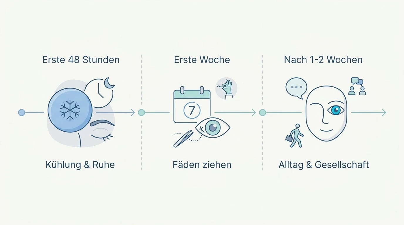 Schematische Darstellung des Heilungsverlaufs nach einer Lidstraffung von den ersten 48 Stunden bis zur Rückkehr in den Alltag.