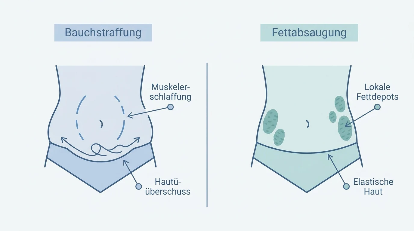 Schematischer Vergleich zwischen Bauchstraffung bei Hautüberschuss und Fettabsaugung bei lokalen Fettdepots.