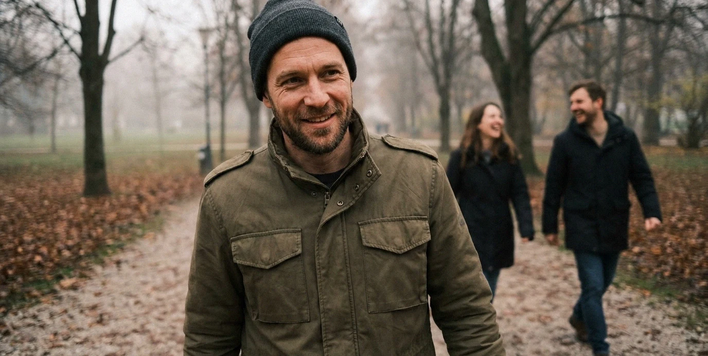 Ein selbstbewusster Mann mit stilvoller Mütze im herbstlichen Park plant seine Haartransplantation diskret.