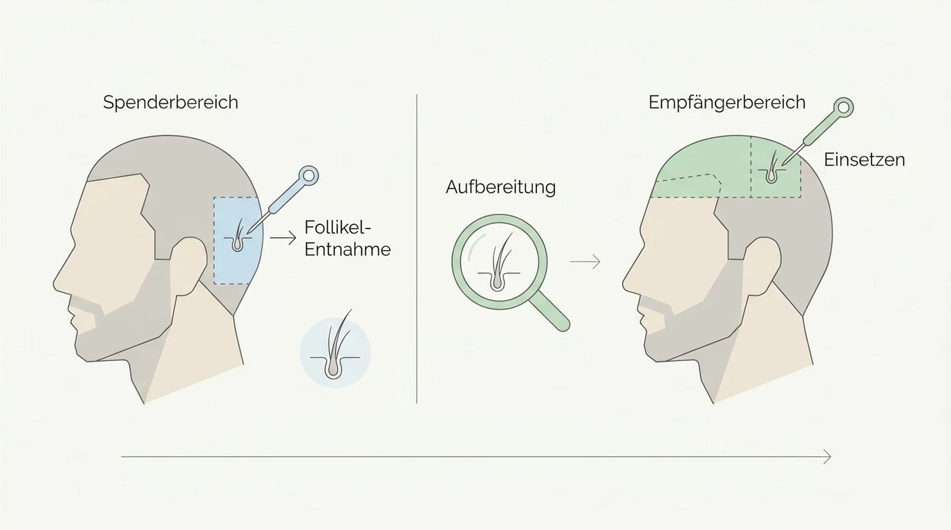 Schematische Darstellung der FUE-Methode bei einer Haartransplantation von der Entnahme bis zum Einsetzen.