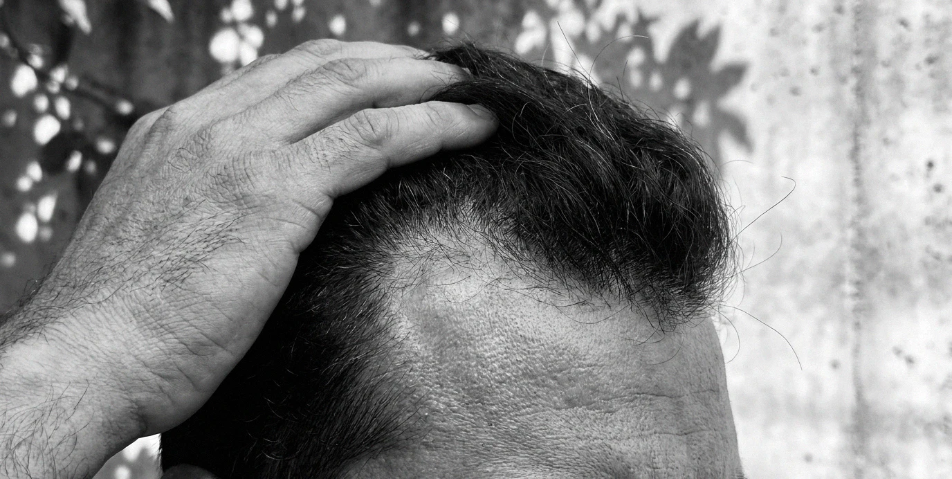 Nahaufnahme eines Mannes, der seine Geheimratsecken am Haaransatz zeigt, bereit für eine Haartransplantation.
