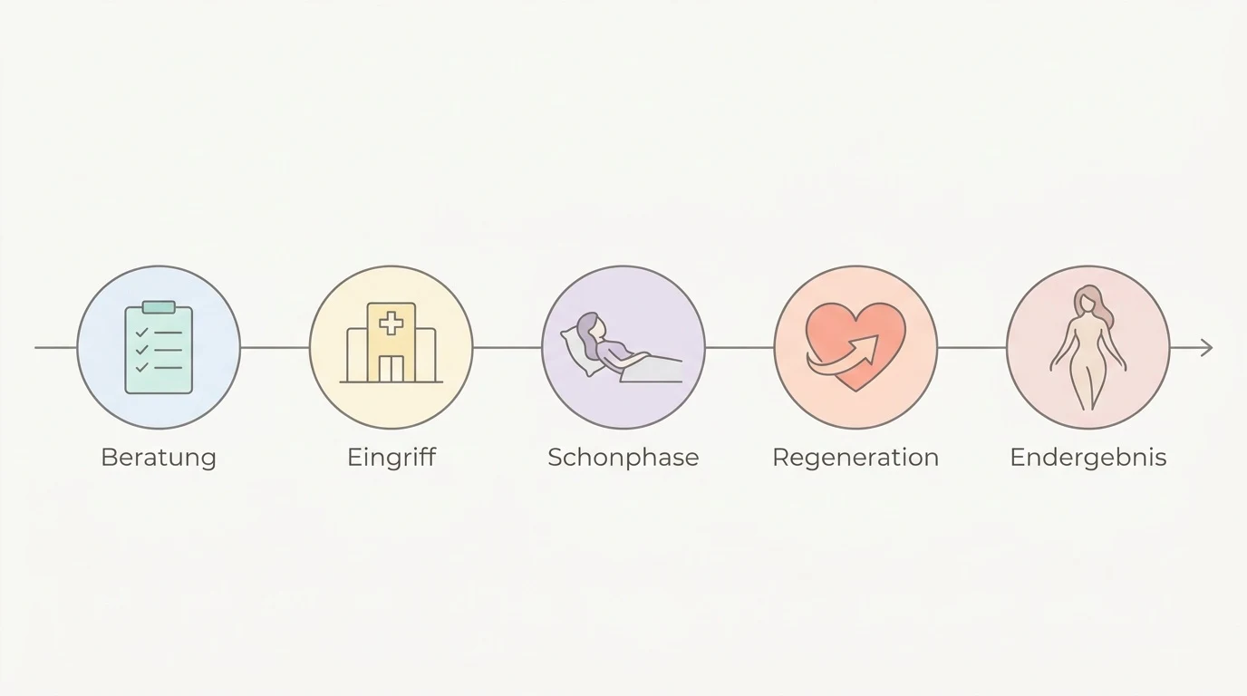 Schematische Darstellung der Phasen einer Brustvergrößerung von der Beratung bis zum Endergebnis.
